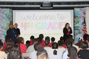PCSST staff welcoming students during fourth-grade orientation