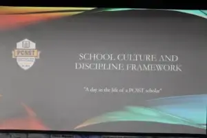 PCSST School Culture and Discipline Framework presentation titled “A Day in the Life of a PCSST Scholar.”