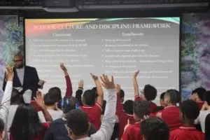 Students raise their hands while discussing classroom and lunchroom expectations.