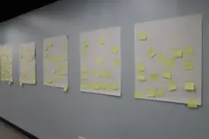 Display sheets filled with students’ sticky-note responses after the assembly activity.